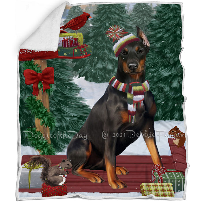 Merry Christmas Woodland Sled Doberman Pinscher Dog Blanket BLNKT113745