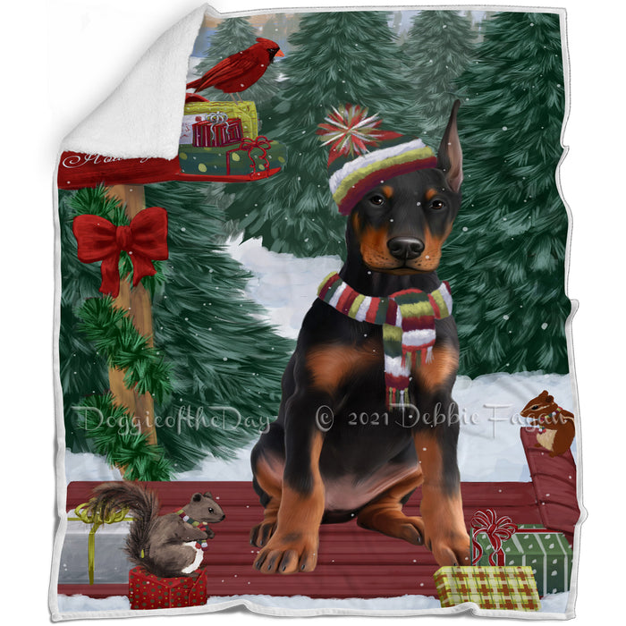 Merry Christmas Woodland Sled Doberman Pinscher Dog Blanket BLNKT113754