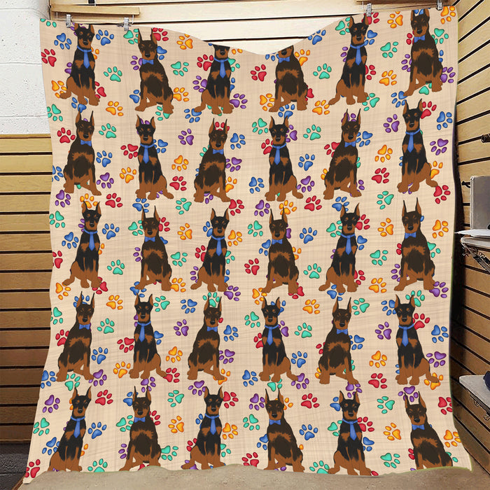 Rainbow Paw Print Doberman Dogs Blue Quilt
