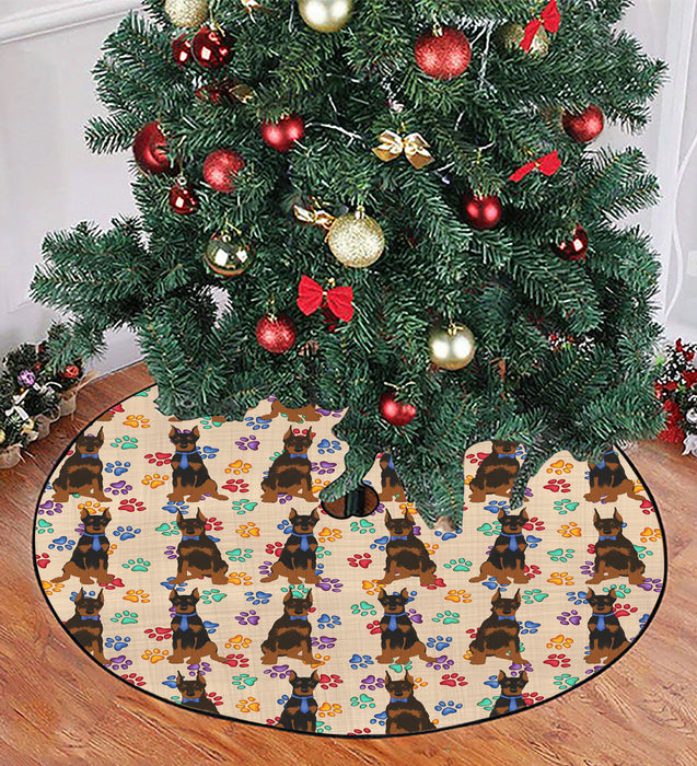 Rainbow Paw Print Doberman Dogs Blue Christmas Tree Skirt