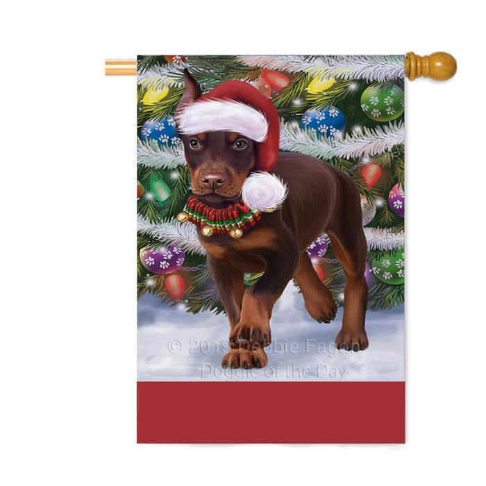 Personalized Trotting in the Snow Doberman Pinscher Dog Custom House Flag FLG-DOTD-A60778