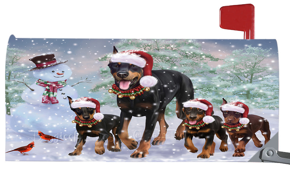 Christmas Running Family Doberman Dogs Magnetic Mailbox Cover Both Sides Pet Theme Printed Decorative Letter Box Wrap Case Postbox Thick Magnetic Vinyl Material