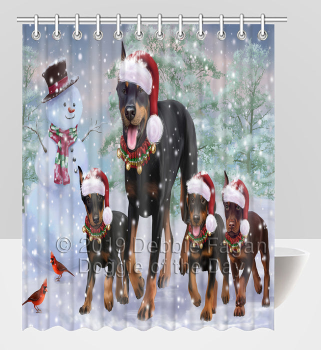 Christmas Running Fammily Doberman Pinscher Dogs Shower Curtain
