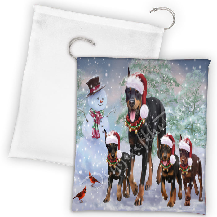 Christmas Running Fammily Doberman Dogs Drawstring Laundry or Gift Bag LGB48223