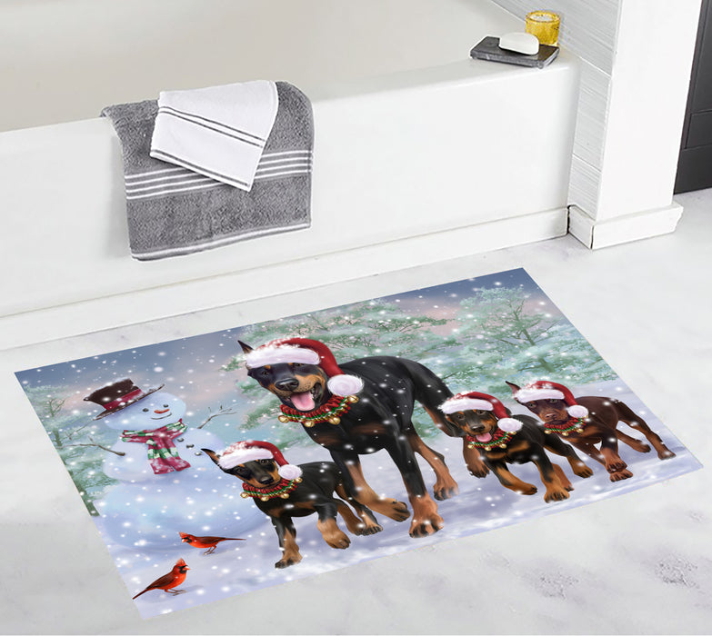 Christmas Running Fammily Doberman Pinscher Dogs Bath Mat