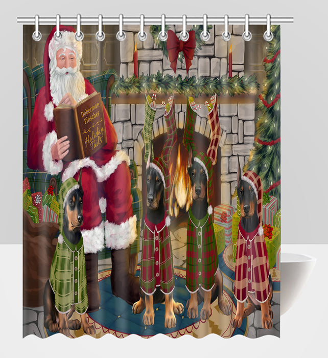 Christmas Cozy Holiday Fire Tails Doberman Dogs Shower Curtain