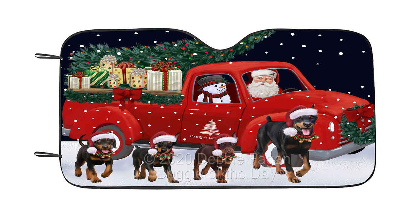 Christmas Express Delivery Red Truck Running Doberman Dog Car Sun Shade Cover Curtain