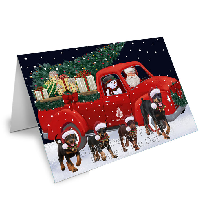 Christmas Express Delivery Red Truck Running Doberman Dogs Handmade Artwork Assorted Pets Greeting Cards and Note Cards with Envelopes for All Occasions and Holiday Seasons GCD75128