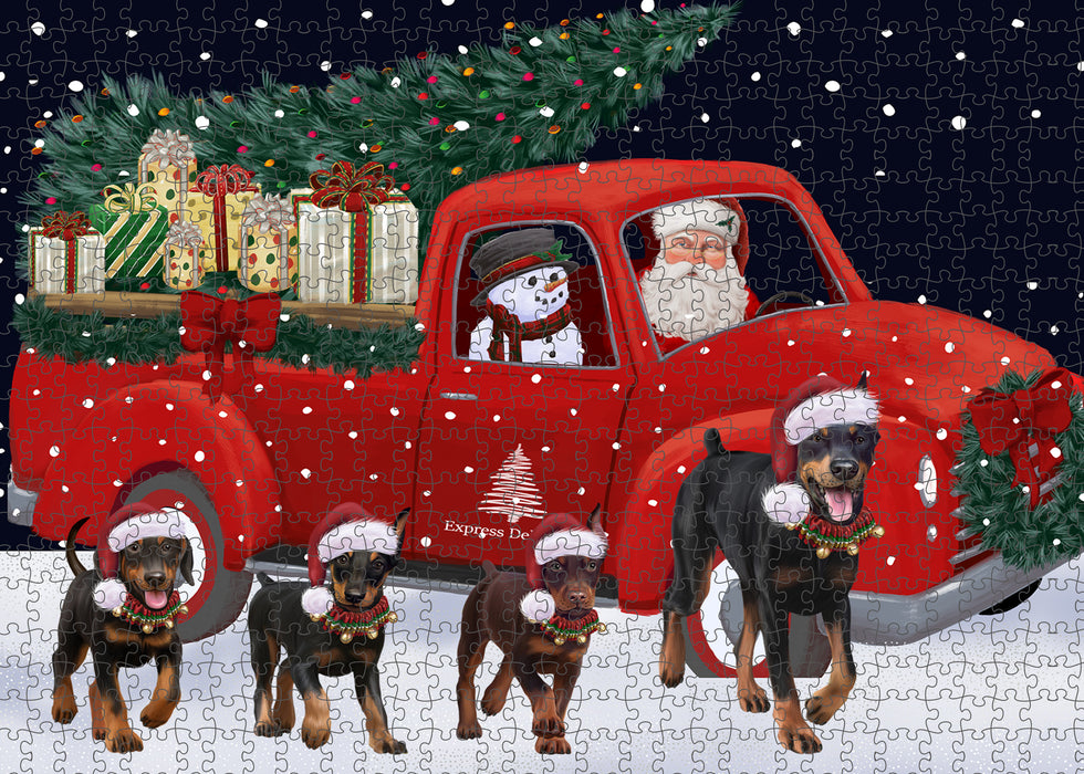 Christmas Express Delivery Red Truck Running Doberman Dogs Puzzle with Photo Tin PUZL99688