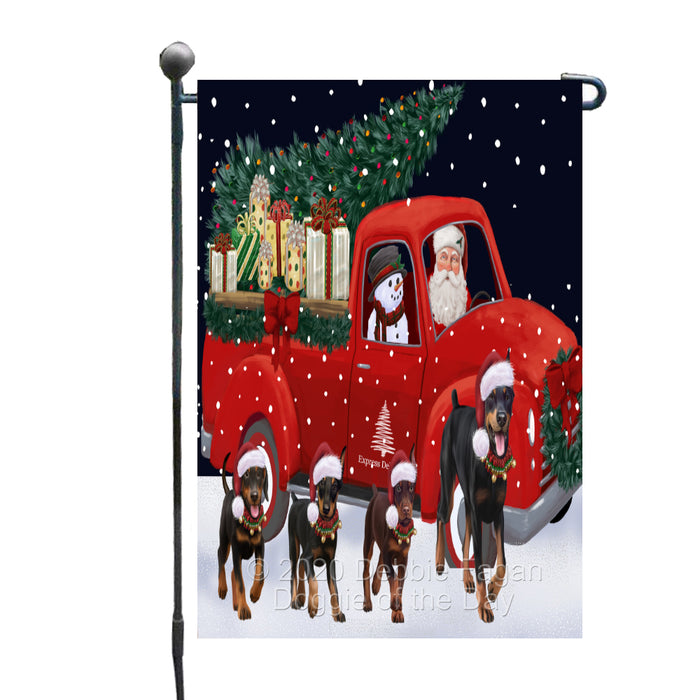 Christmas Express Delivery Red Truck Running Doberman Dogs Garden Flag GFLG66462