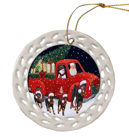 Christmas Express Delivery Red Truck Running Doberman Dog Doily Ornament DPOR59264