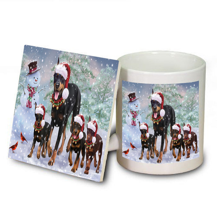 Christmas Running Family Doberman Pinschers Dog Mug and Coaster Set MUC55460