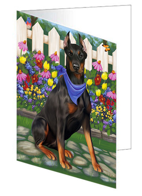 Spring Floral Doberman Pinscher Dog Handmade Artwork Assorted Pets Greeting Cards and Note Cards with Envelopes for All Occasions and Holiday Seasons GCD53639