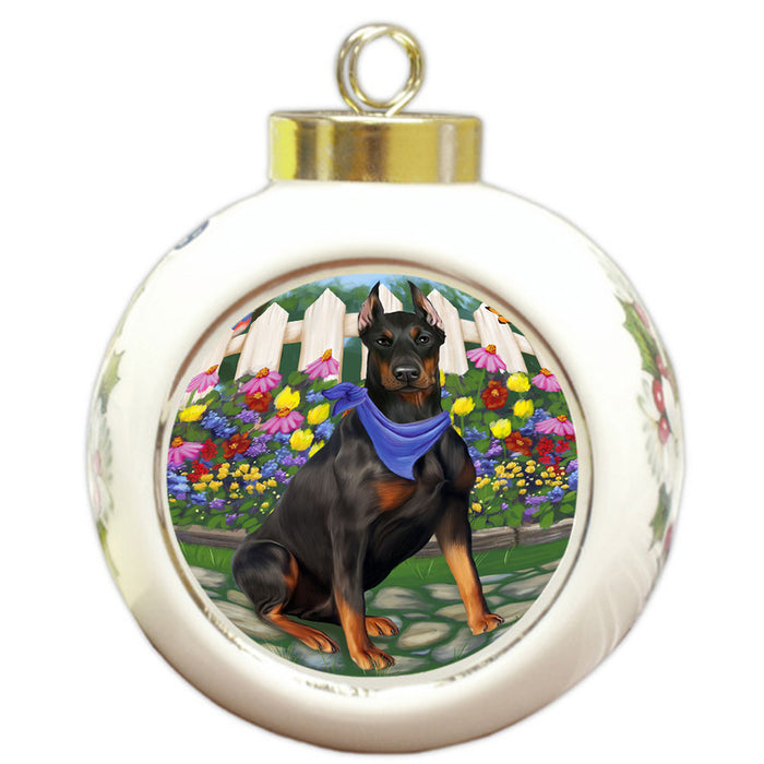 Spring Floral Doberman Pinscher Dog Round Ball Christmas Ornament RBPOR49870