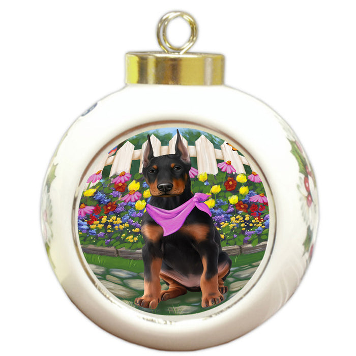Spring Floral Doberman Pinscher Dog Round Ball Christmas Ornament RBPOR49872