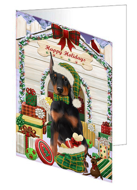 Happy Holidays Christmas Doberman Pinscher Dog House with Presents Handmade Artwork Assorted Pets Greeting Cards and Note Cards with Envelopes for All Occasions and Holiday Seasons GCD58253