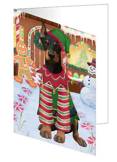 Christmas Gingerbread House Candyfest Doberman Pinscher Dog Handmade Artwork Assorted Pets Greeting Cards and Note Cards with Envelopes for All Occasions and Holiday Seasons GCD73493