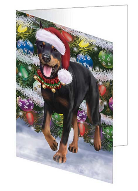 Trotting in the Snow Doberman Pinscher Dog Handmade Artwork Assorted Pets Greeting Cards and Note Cards with Envelopes for All Occasions and Holiday Seasons GCD70823