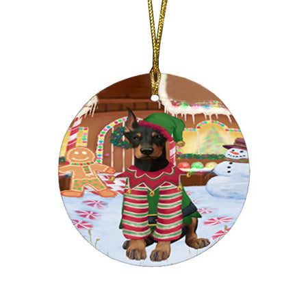 Christmas Gingerbread House Candyfest Doberman Pinscher Dog Round Flat Christmas Ornament RFPOR56682