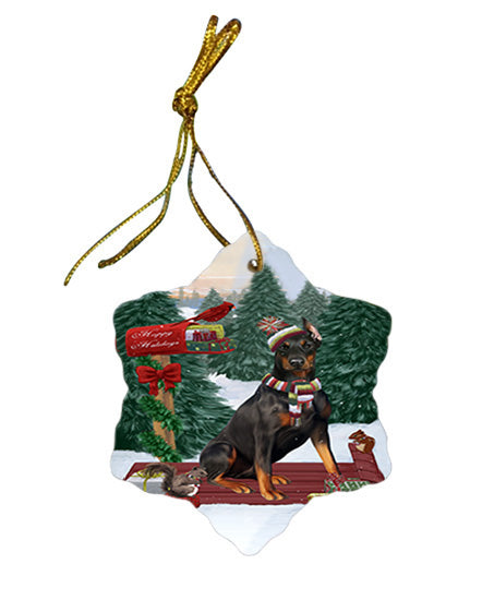 Merry Christmas Woodland Sled Doberman Pinscher Dog Star Porcelain Ornament SPOR55281