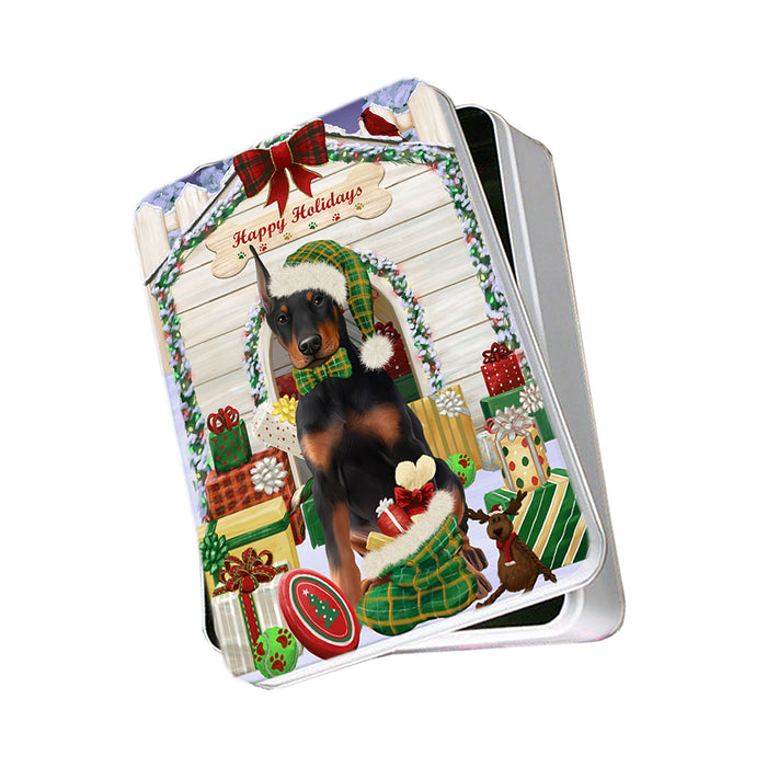 Happy Holidays Christmas Doberman Pinscher Dog House with Presents Photo Storage Tin PITN51408