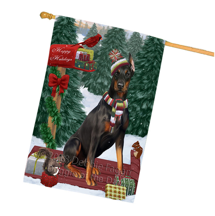 Merry Christmas Woodland Sled Doberman Pinscher Dog House Flag FLG55354