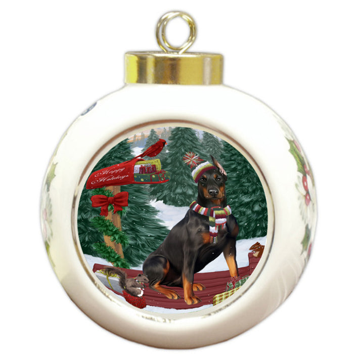 Merry Christmas Woodland Sled Doberman Pinscher Dog Round Ball Christmas Ornament RBPOR55281