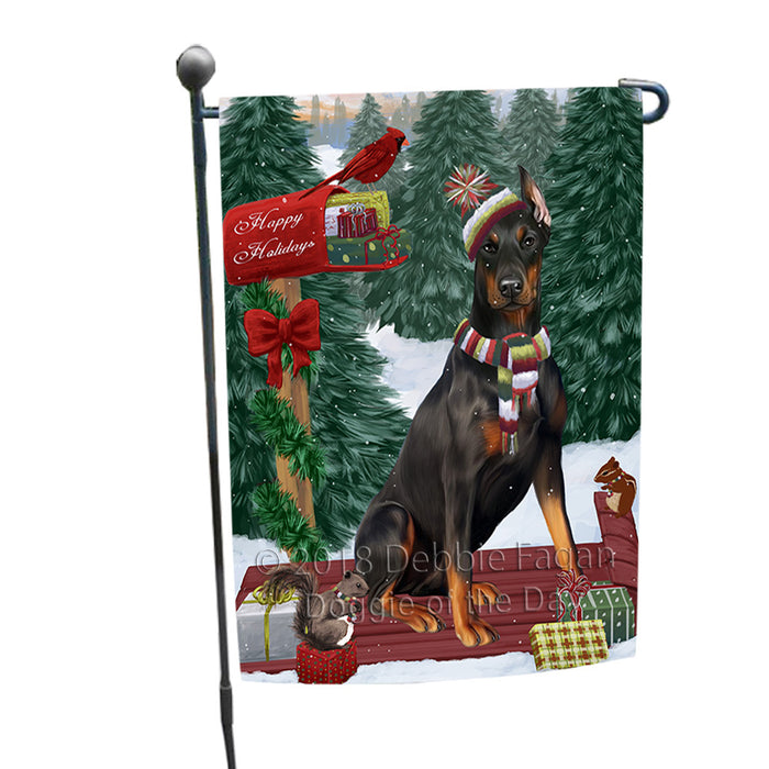 Merry Christmas Woodland Sled Doberman Pinscher Dog Garden Flag GFLG55218