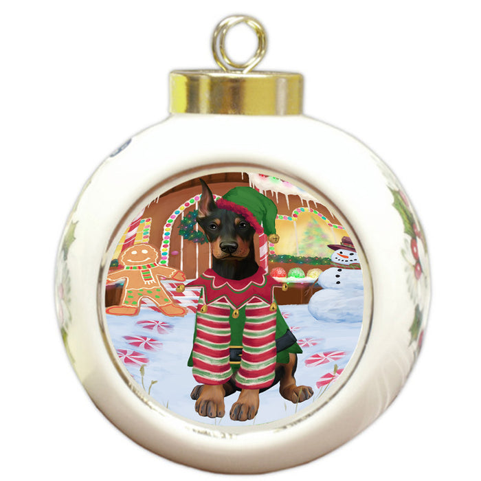 Christmas Gingerbread House Candyfest Doberman Pinscher Dog Round Ball Christmas Ornament RBPOR56682