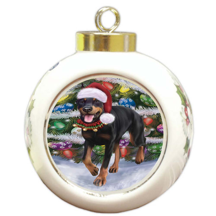 Trotting in the Snow Doberman Pinscher Dog Round Ball Christmas Ornament RBPOR55792