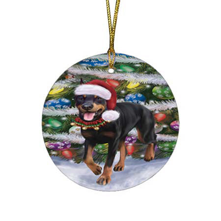 Trotting in the Snow Doberman Pinscher Dog Round Flat Christmas Ornament RFPOR55792