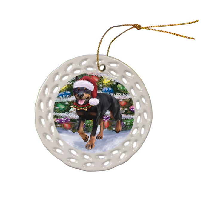 Trotting in the Snow Doberman Pinscher Dog Ceramic Doily Ornament DPOR55792