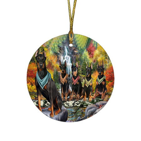 Scenic Waterfall Doberman Pinschers Dog Round Flat Christmas Ornament RFPOR51869