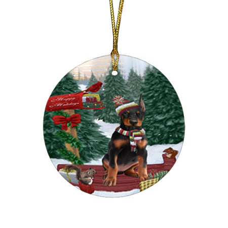 Merry Christmas Woodland Sled Doberman Pinscher Dog Round Flat Christmas Ornament RFPOR55282