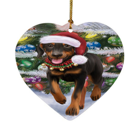 Trotting in the Snow Doberman Pinscher Dog Heart Christmas Ornament HPOR55793