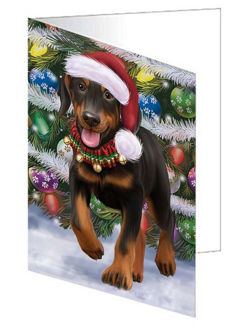 Trotting in the Snow Doberman Pinscher Dog Handmade Artwork Assorted Pets Greeting Cards and Note Cards with Envelopes for All Occasions and Holiday Seasons GCD70826