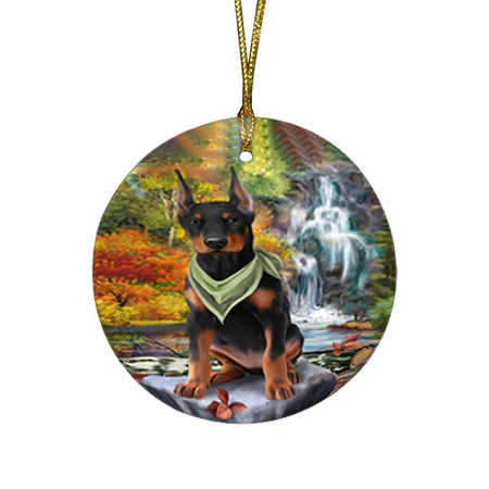 Scenic Waterfall Doberman Pinscher Dog Round Flat Christmas Ornament RFPOR51870