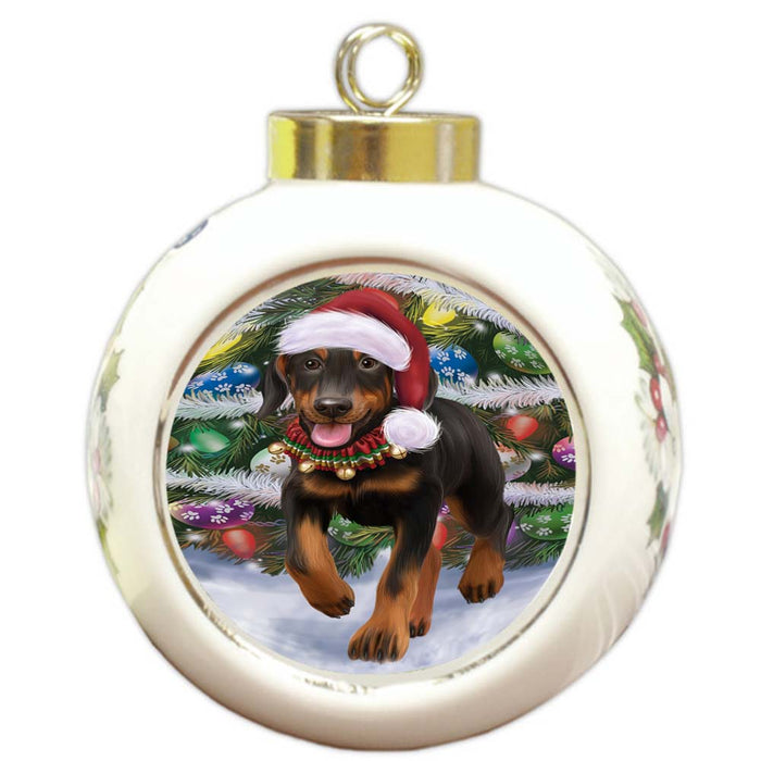 Trotting in the Snow Doberman Pinscher Dog Round Ball Christmas Ornament RBPOR55793