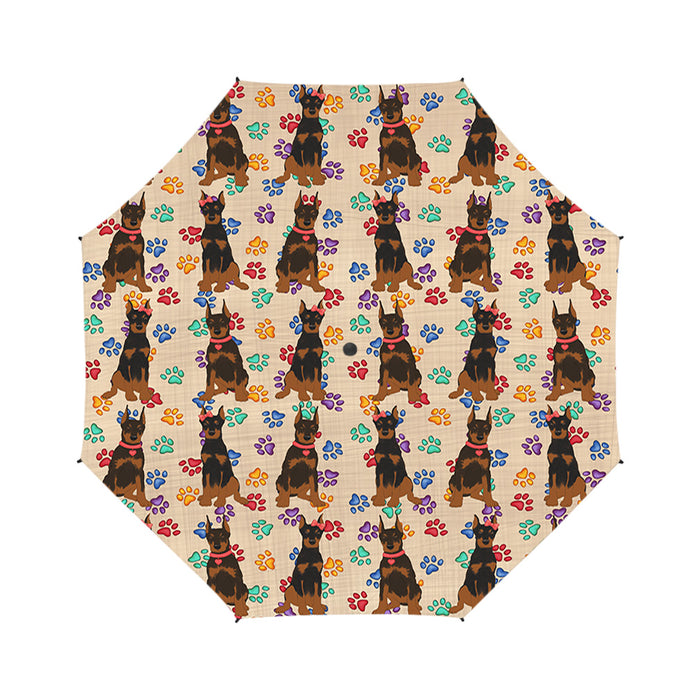 Rainbow Paw Print Doberman Dogs Red Semi-Automatic Foldable Umbrella