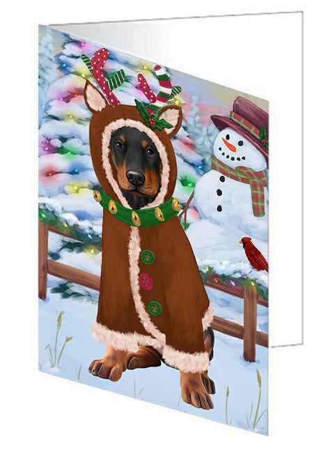 Christmas Gingerbread House Candyfest Doberman Pinscher Dog Handmade Artwork Assorted Pets Greeting Cards and Note Cards with Envelopes for All Occasions and Holiday Seasons GCD73496