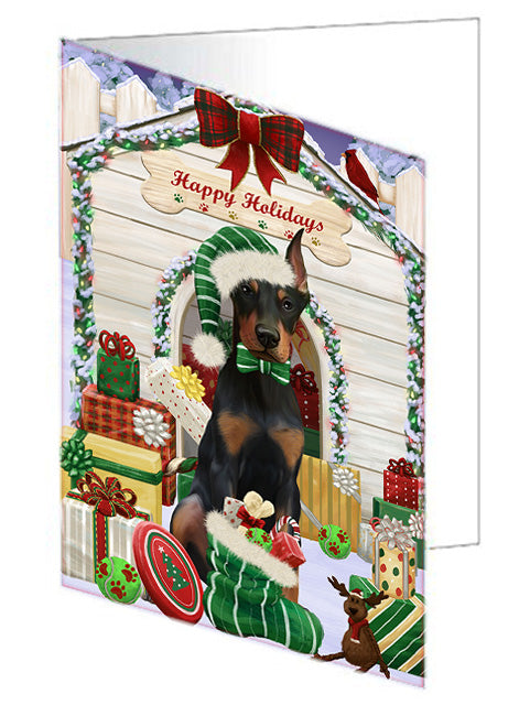Happy Holidays Christmas Doberman Pinscher Dog House with Presents Handmade Artwork Assorted Pets Greeting Cards and Note Cards with Envelopes for All Occasions and Holiday Seasons GCD58256