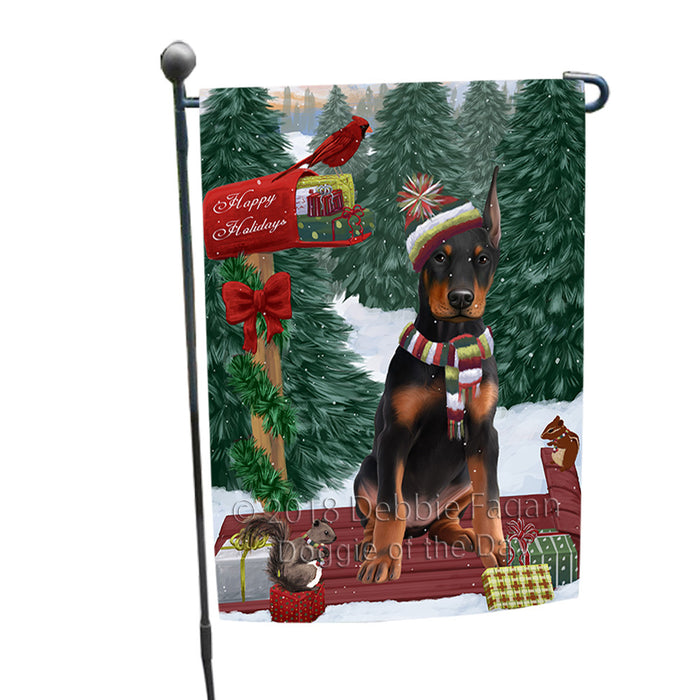 Merry Christmas Woodland Sled Doberman Pinscher Dog Garden Flag GFLG55219