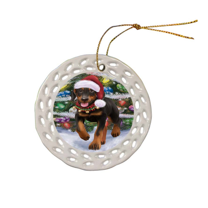 Trotting in the Snow Doberman Pinscher Dog Ceramic Doily Ornament DPOR55793