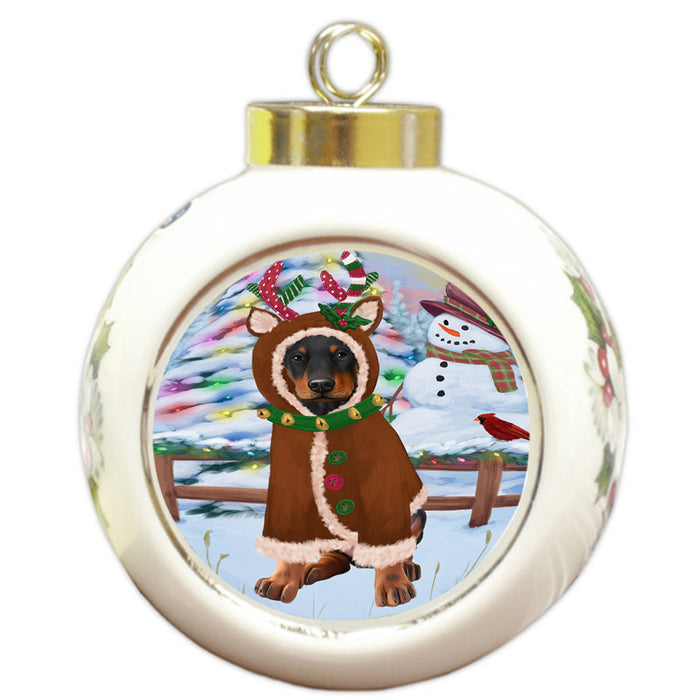 Christmas Gingerbread House Candyfest Doberman Pinscher Dog Round Ball Christmas Ornament RBPOR56683