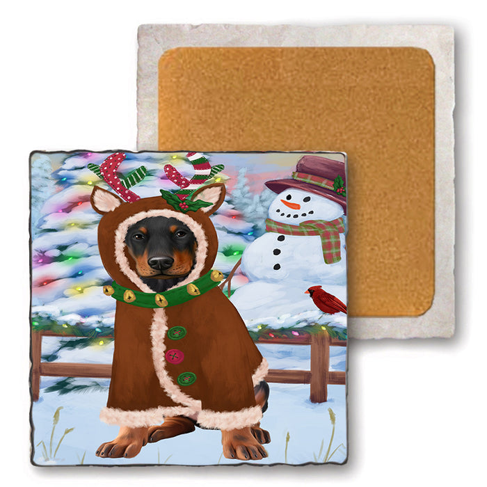 Christmas Gingerbread House Candyfest Doberman Pinscher Dog Set of 4 Natural Stone Marble Tile Coasters MCST51327
