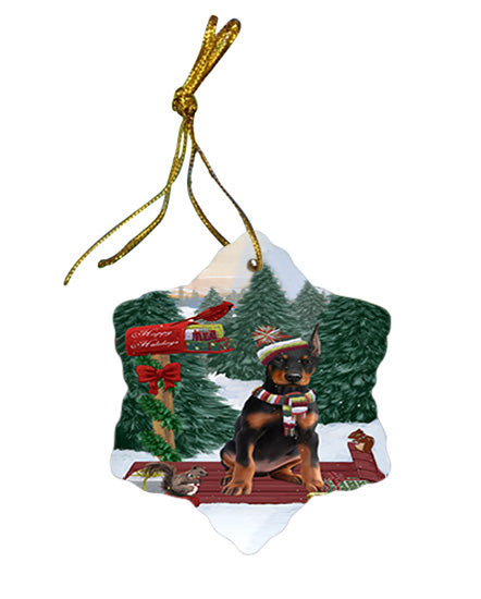 Merry Christmas Woodland Sled Doberman Pinscher Dog Star Porcelain Ornament SPOR55282
