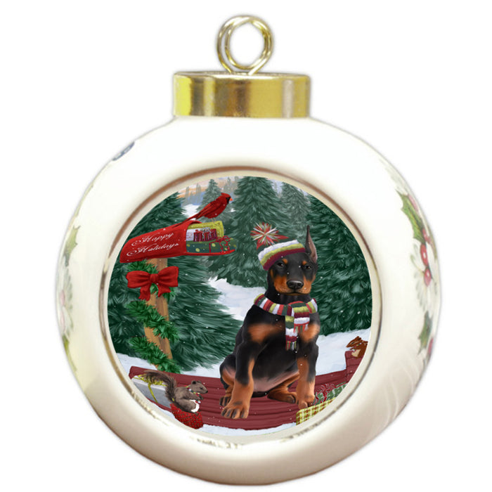 Merry Christmas Woodland Sled Doberman Pinscher Dog Round Ball Christmas Ornament RBPOR55282