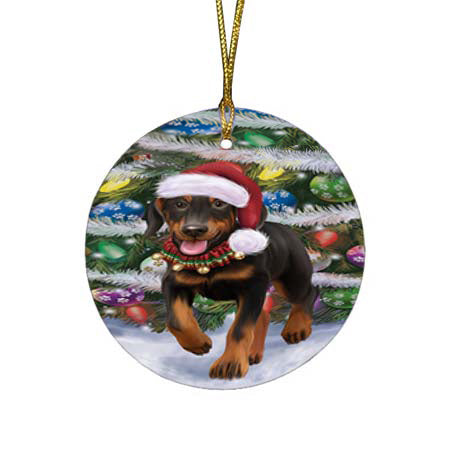 Trotting in the Snow Doberman Pinscher Dog Round Flat Christmas Ornament RFPOR55793
