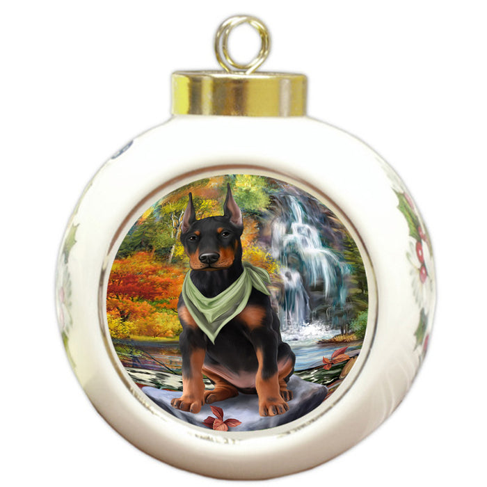 Scenic Waterfall Doberman Pinscher Dog Round Ball Christmas Ornament RBPOR51879