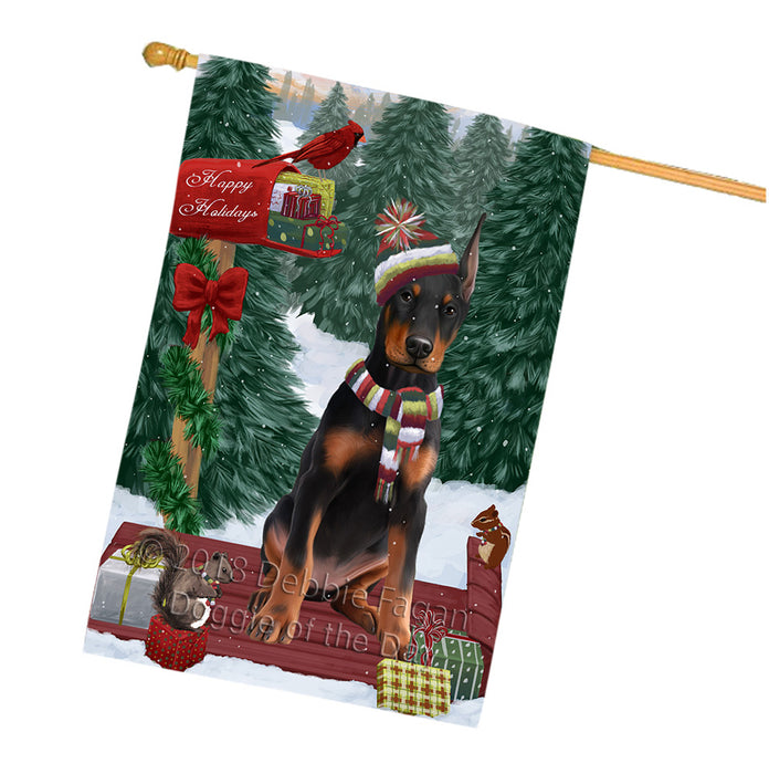 Merry Christmas Woodland Sled Doberman Pinscher Dog House Flag FLG55355